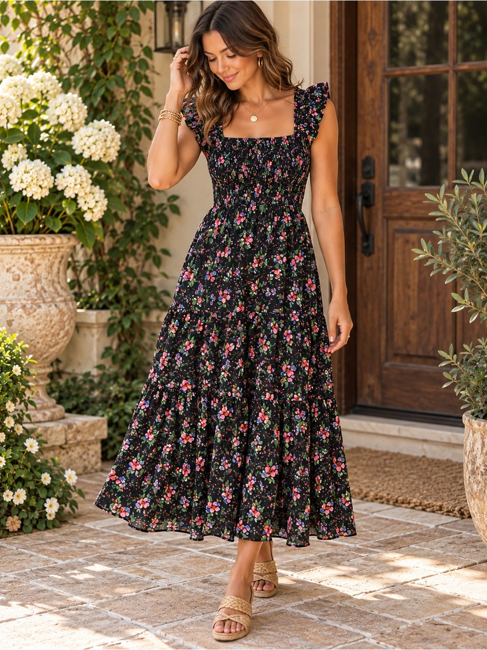 Hill House Home The Ellie Nap Dress Berry Floral Smocked Maxi Medium #853